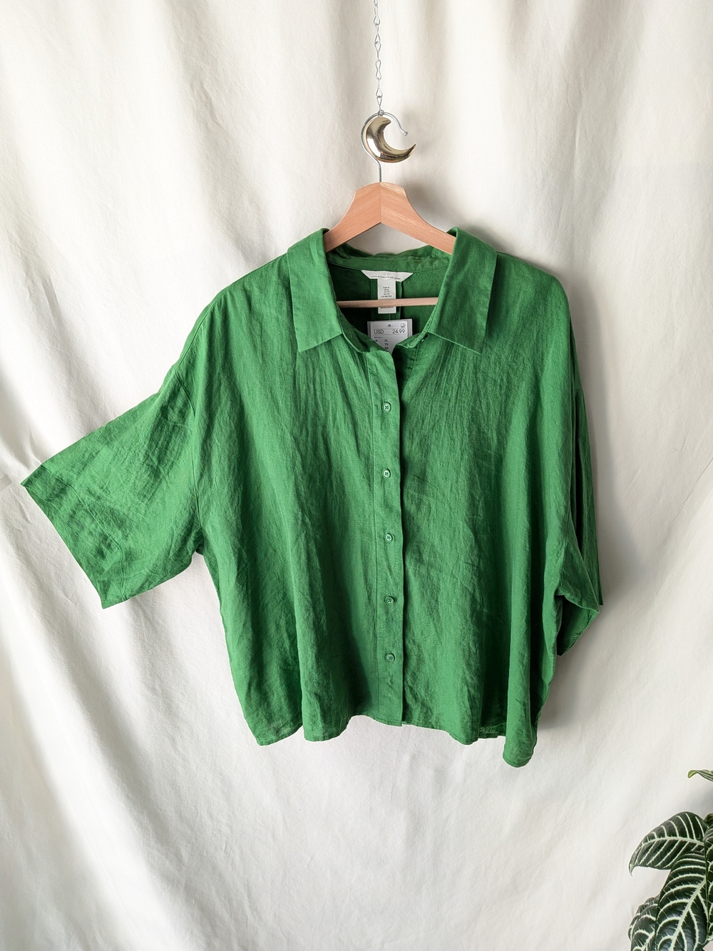 H&M Oversized Button-Down Linen Shirt in Green
